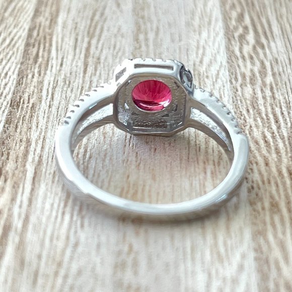 Round Simulated Ruby Halo Ring w/ Split Shank - 925 Sterling Silver - Picture 3 of 5